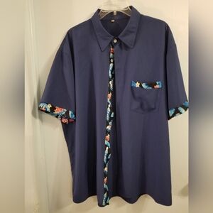 Men's XXL Navy Blue Shirt with Floral Accents Short Sleeve Button Up Hawaii